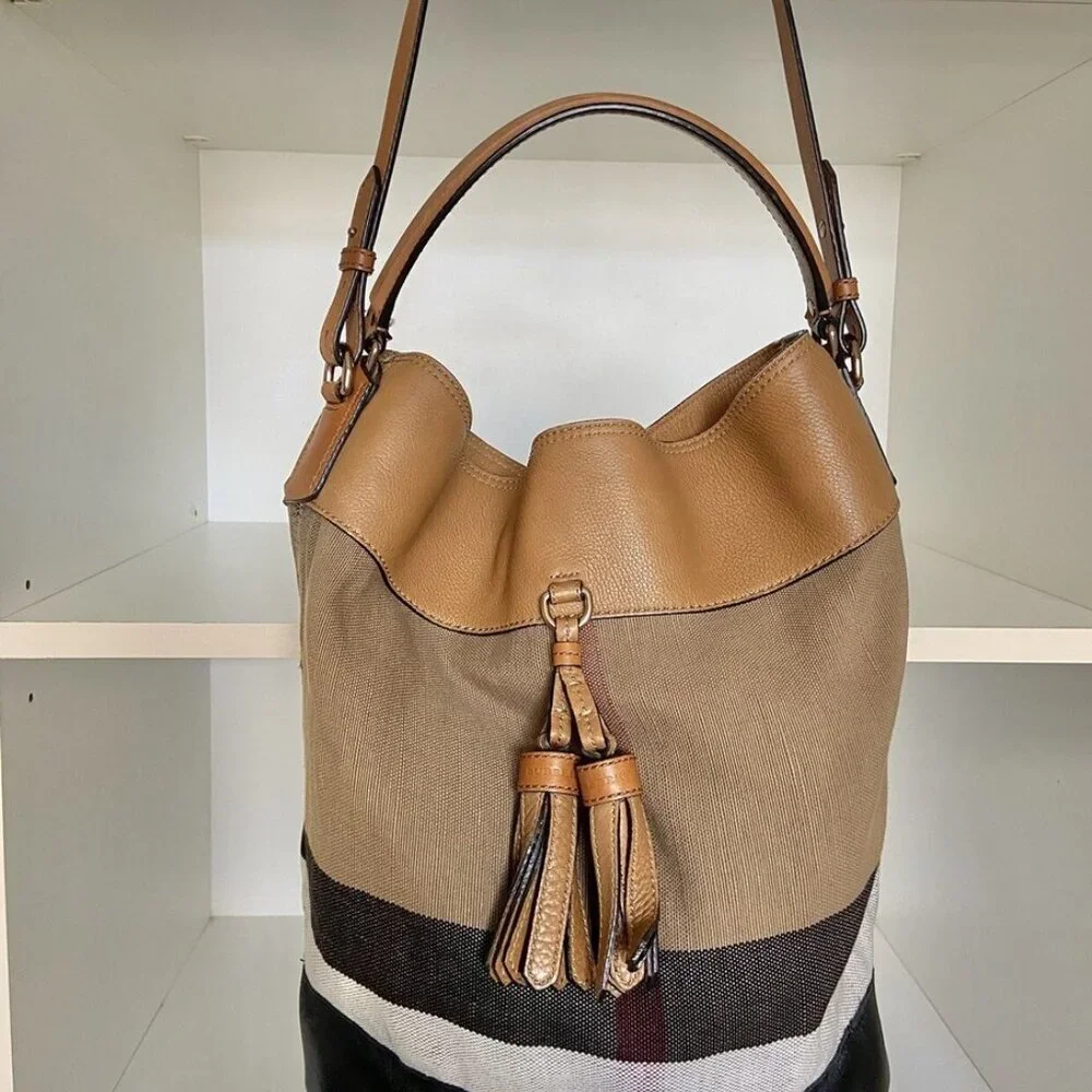 Burberry Ashy Bucket Bag Tassels, Plaid, Leather, Detachable Crossbody Strap EUC